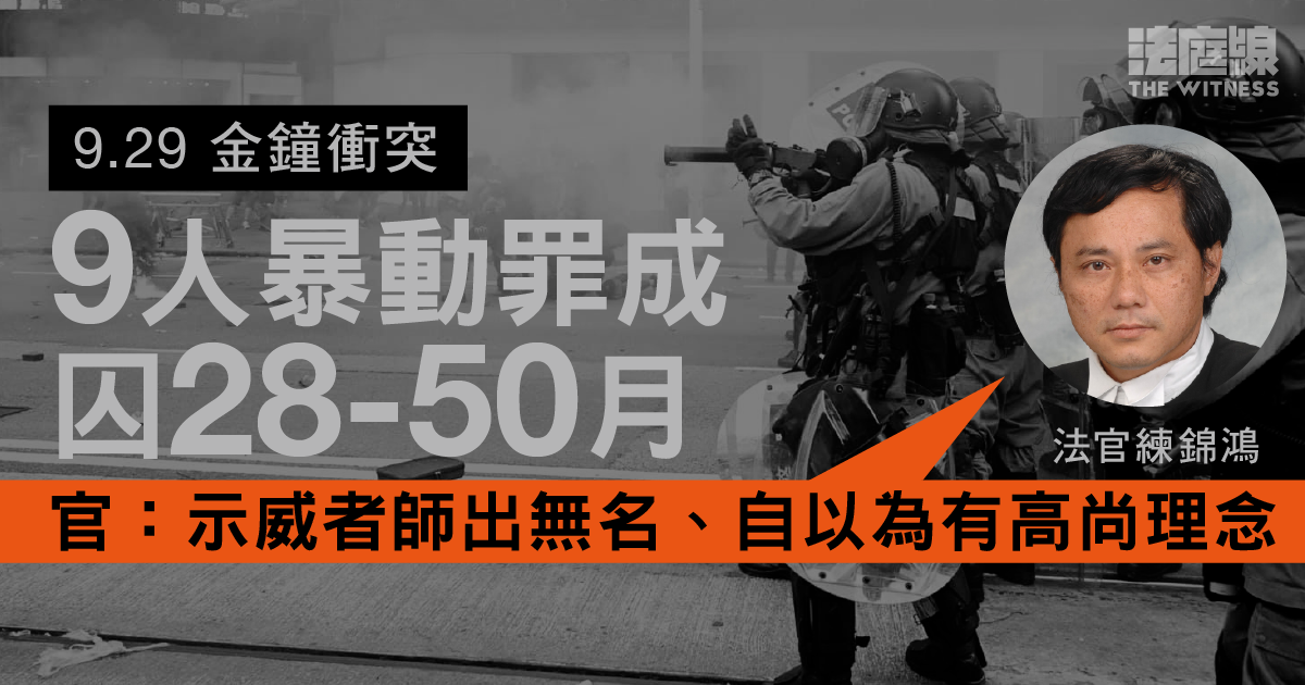 9.29金鐘｜9人暴動罪成囚28至50月　官：違法達義為極暴政社會表現、香港未到此地步