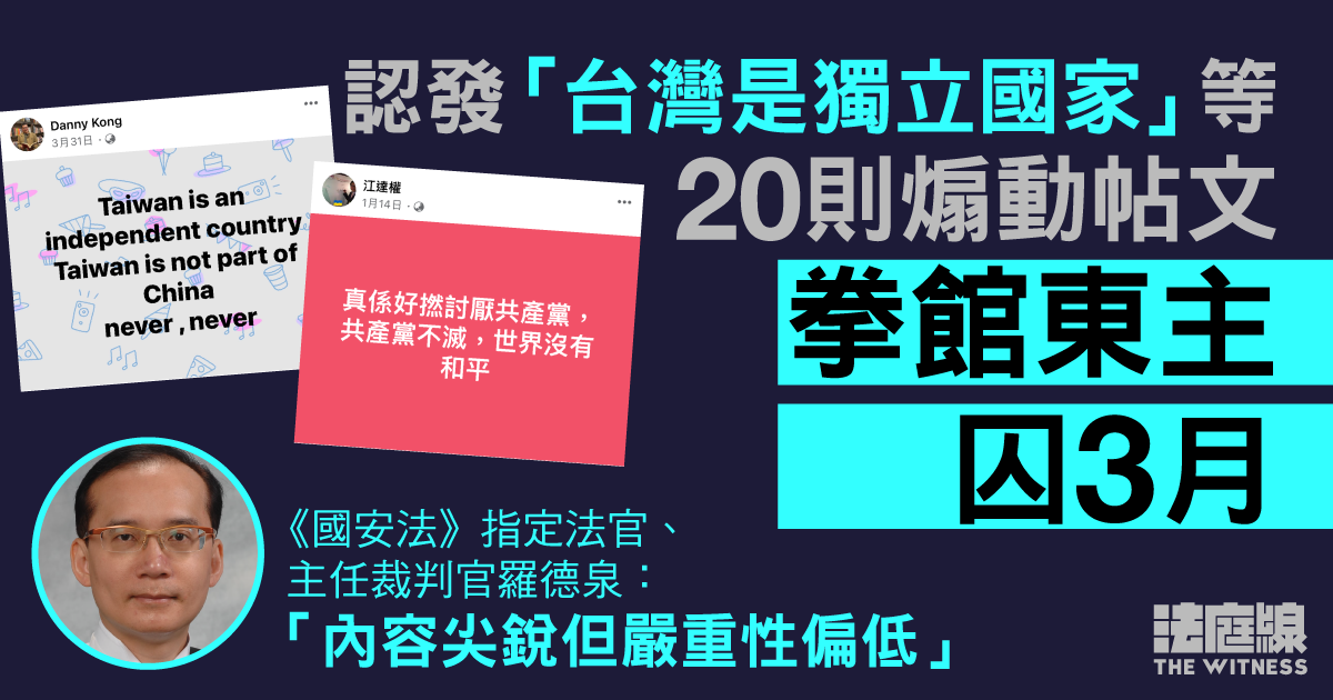 拳館東主認發「台灣是獨立國家」等20則煽動帖文囚3月　官：內容尖銳但嚴重性偏低
