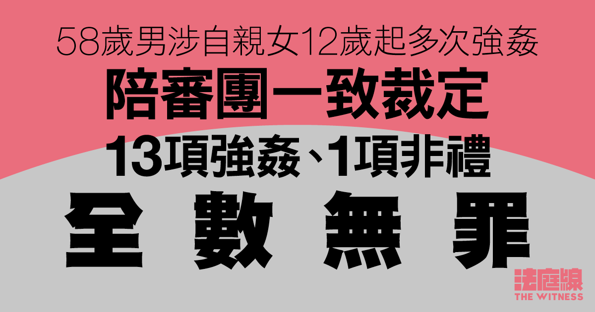 58歲男涉自親女12歲起多次強姦　陪審團一致裁定13項強姦、1項非禮全數無罪