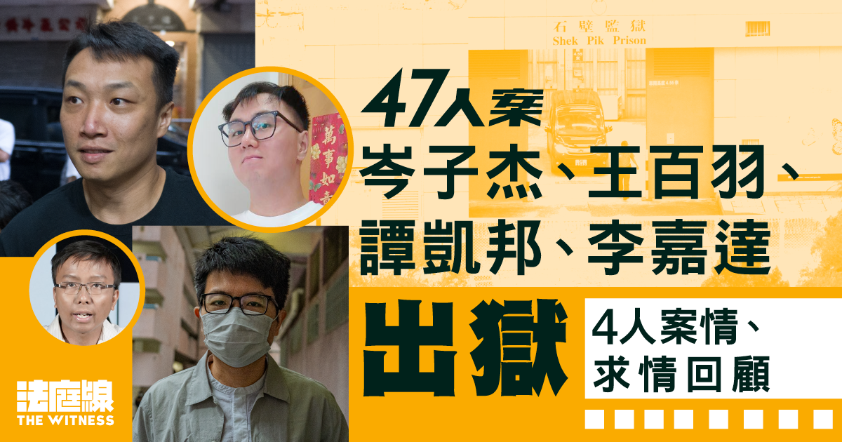 47人案｜岑子杰、王百羽、譚凱邦、李嘉達出獄　案情求情回顧　料年內尚有5人出獄