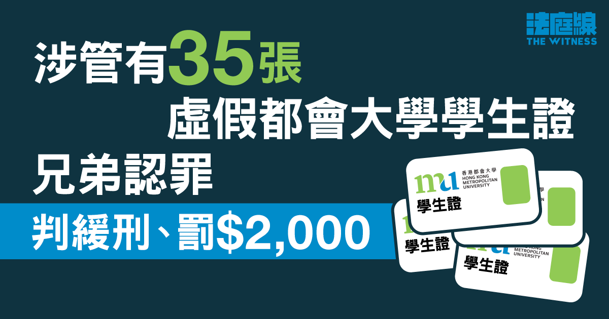 涉旺角管有35張虛假都大學生證　兄弟認罪判緩刑、罰款2,000