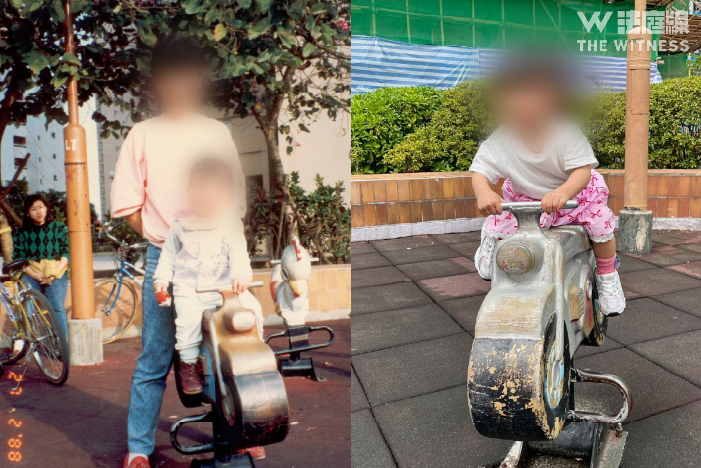 崔生兒時與母親在遊樂場合照(左);崔生的女兒在崔生兒時的遊樂設施遊玩(右)。(受訪者提供)